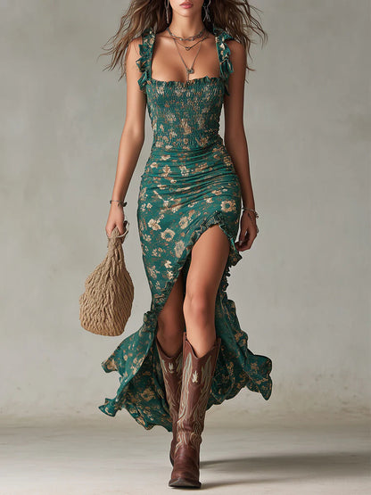 Robe longue bohème verte imprimée à manches volantées