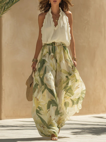 Holiday chiffon ruffle sleeveless top and lily print pants set
