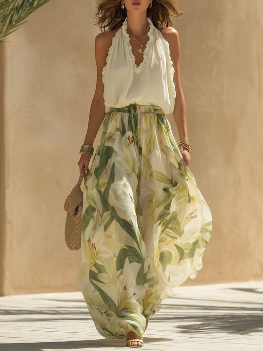 Holiday chiffon ruffle sleeveless top and lily print pants set
