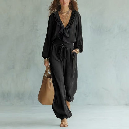 Ensemble deux pièces haut à manches longues avec col en V à volants et pantalon large à taille nouée