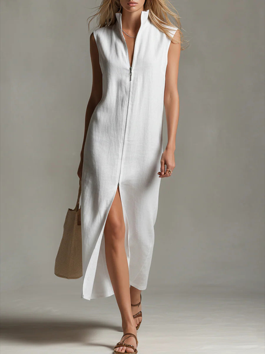 Robe ample décontractée sans manches en lin de couleur unie à col montant pour femme