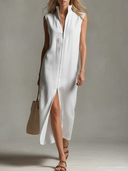 Robe ample décontractée sans manches en lin de couleur unie à col montant pour femme