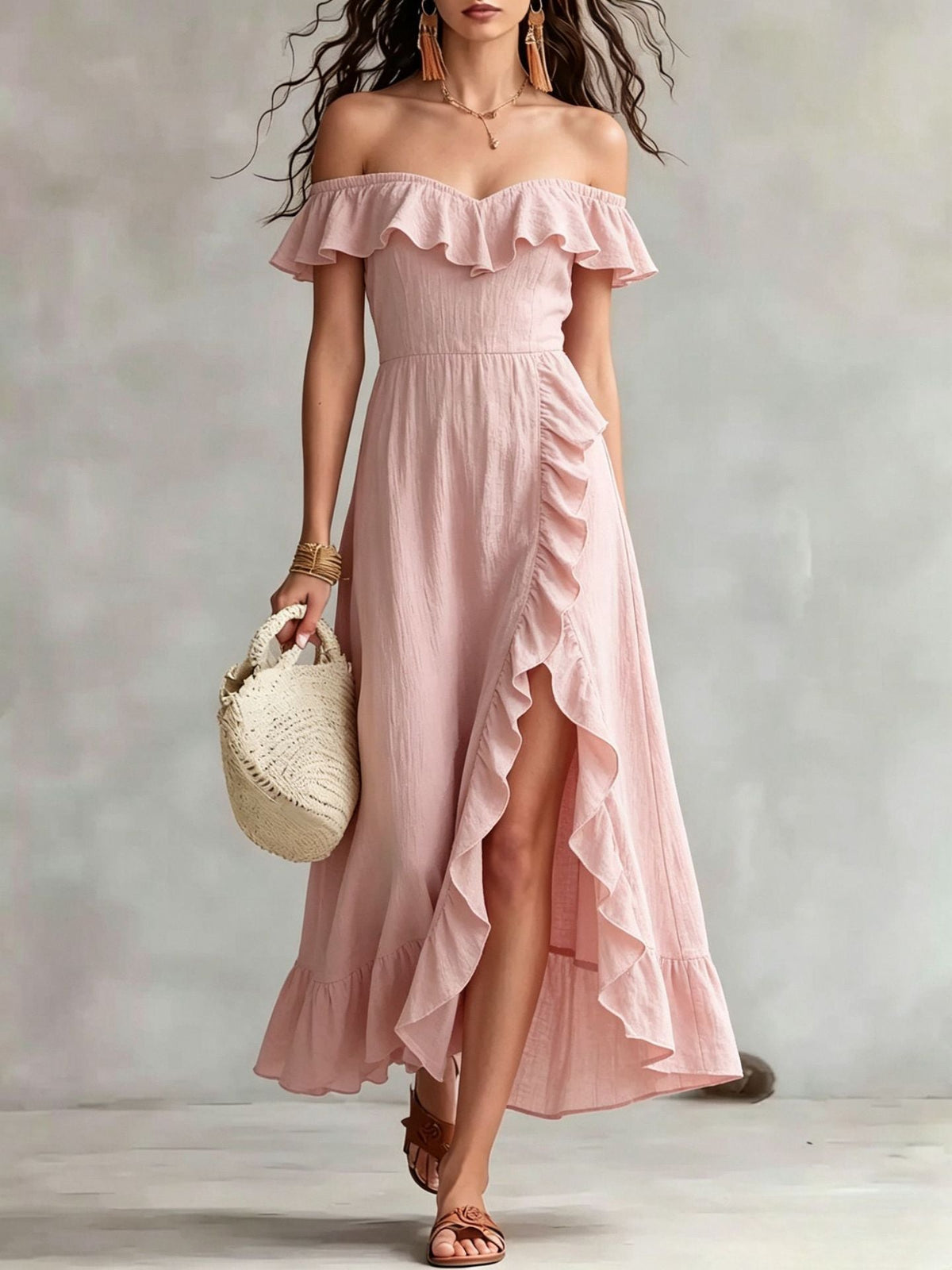 Robe longue fluide d'été en coton à épaules dénudées, à volants et froncée pour femme