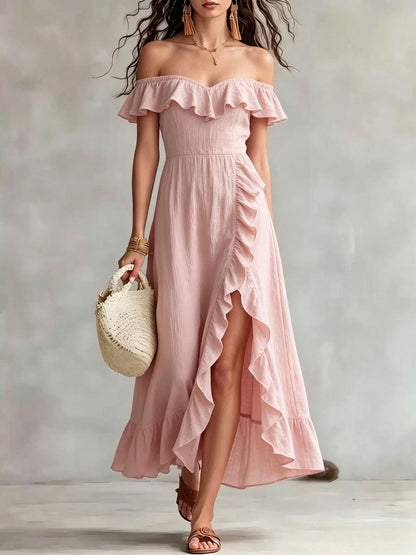 Robe longue fluide d'été en coton à épaules dénudées, à volants et froncée pour femme
