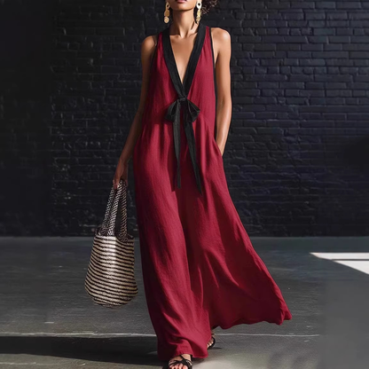 Robe longue sans manches col en V à imprimé bohème noir et blanc