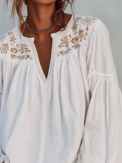 Blouse à manches longues en coton blanc brodé, style bohème