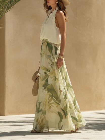 Holiday chiffon ruffle sleeveless top and lily print pants set