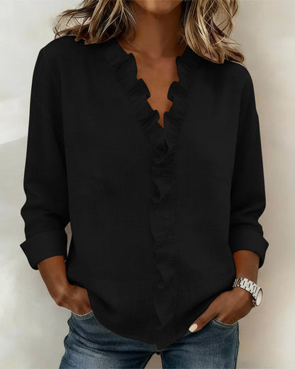Blouse à manches longues, col V, à volants