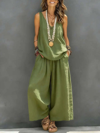 Linen V-Neck Sleeveless Top and Wide-Leg Pants Set