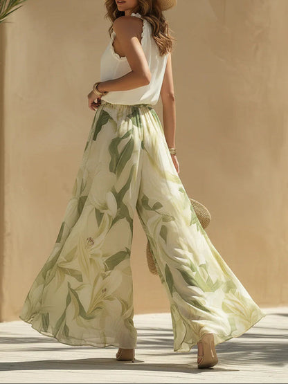 Holiday chiffon ruffle sleeveless top and lily print pants set