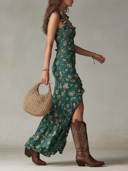 Robe longue bohème verte imprimée à manches volantées