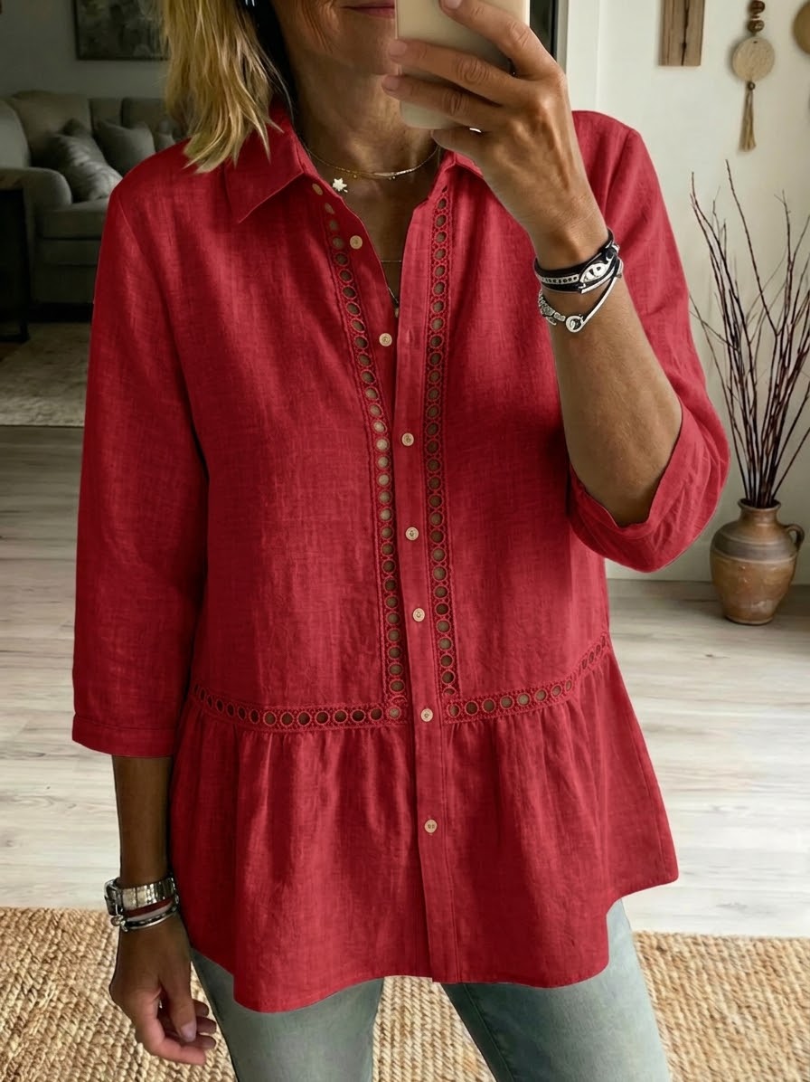 Chemise décontractée en lin et coton à patchwork, ajourée et à bande tissée