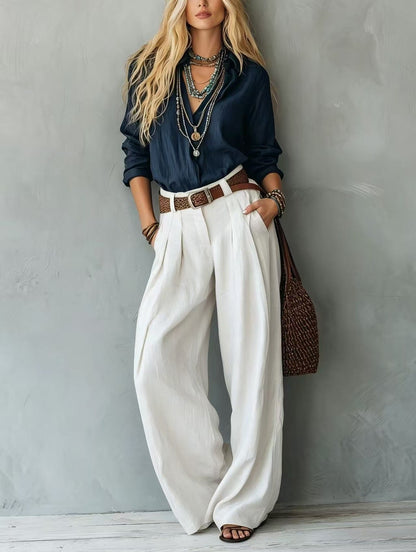 Ensemble deux pièces bohème chemise ample en lin bleu marine et pantalon large plissé en lin beige