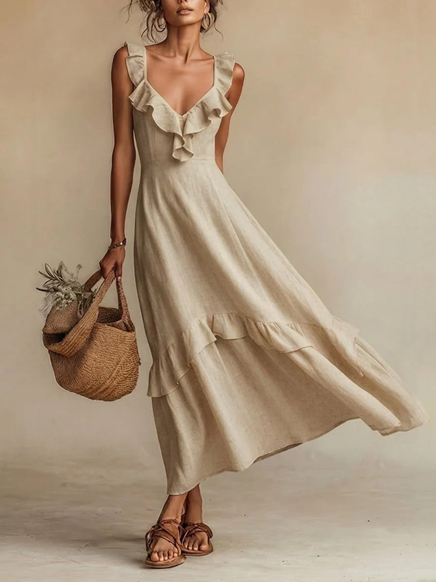 Robe longue maxi en mélange de lin à volants
