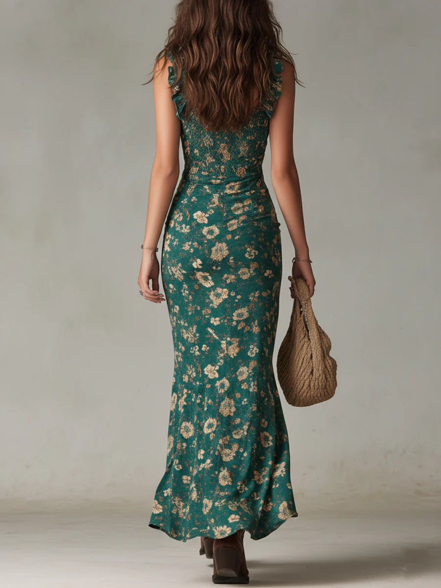Robe longue bohème verte imprimée à manches volantées