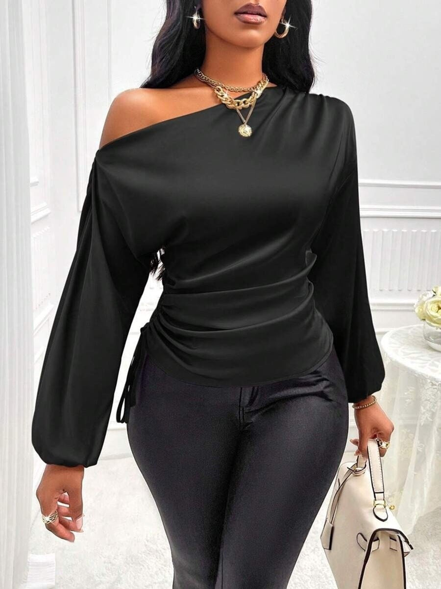 Women's asymmetrical long-sleeved satin blouse with a slanted neckline