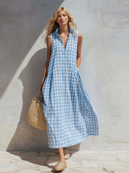 Robe longue ample sans manches à carreaux pour femme, style bohème, idéale pour les vacances d'été à la plage.
