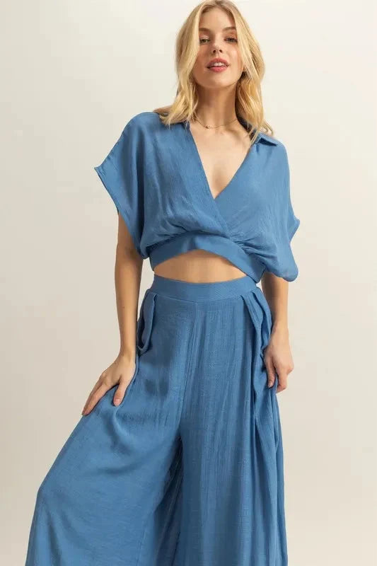Set including a crop top and wide-leg trousers