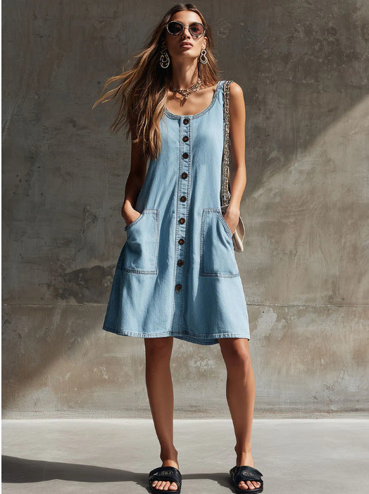 Robe chemise en jean sans manches pour femme, chic et décontractée