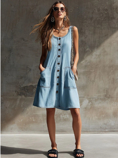 Robe chemise en jean sans manches pour femme, chic et décontractée