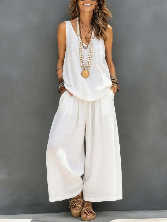 Linen V-Neck Sleeveless Top and Wide-Leg Pants Set