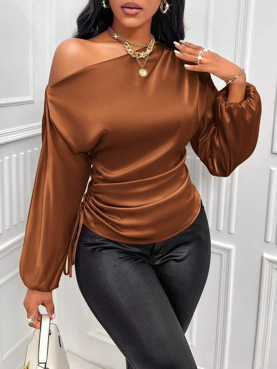 Women's asymmetrical long-sleeved satin blouse with a slanted neckline