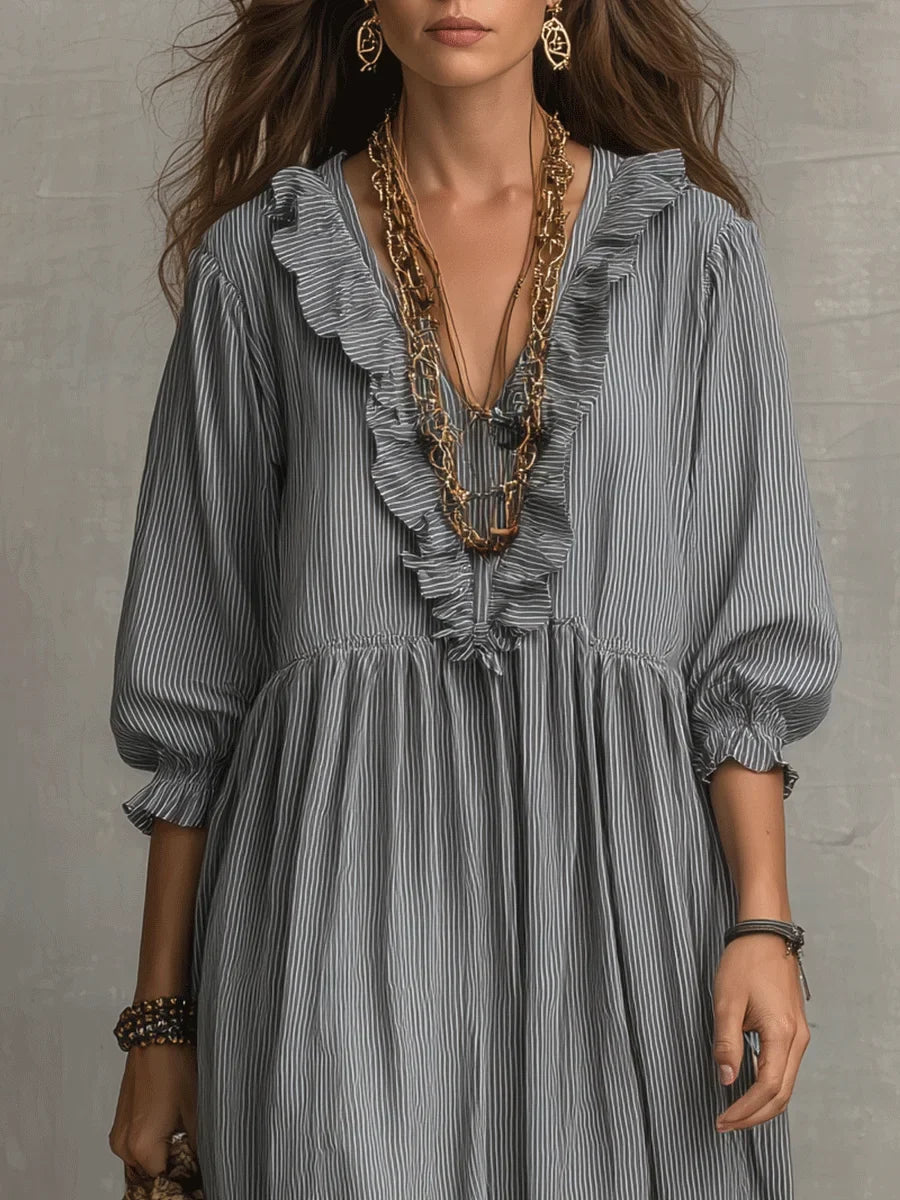 Robe longue de vacances chic décontractée à imprimé rayé et volants pour femme