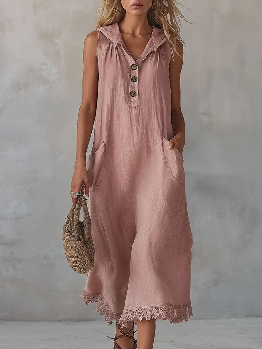 Robe midi sans manches en lin avec col, demi-bouton et ourlet en dentelle