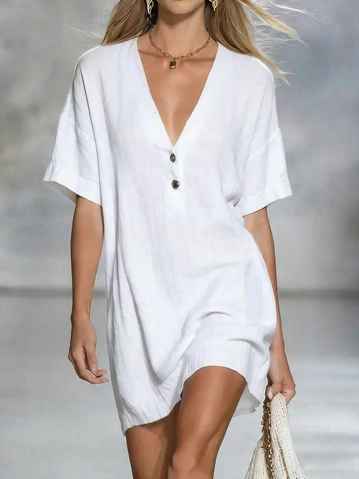 Robe chemise en lin mélangé à col en V, chic et facile à porter