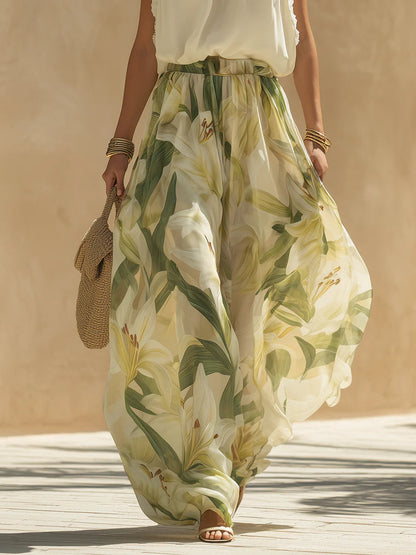 Holiday chiffon ruffle sleeveless top and lily print pants set