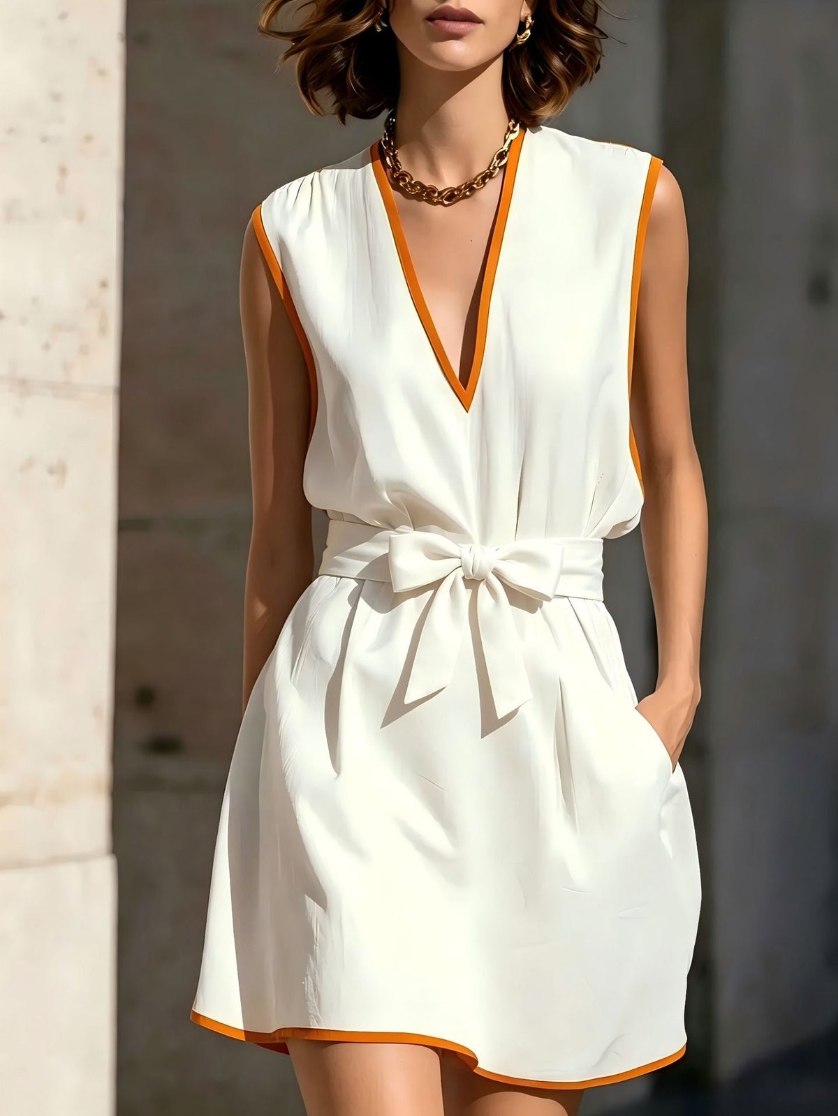 Mini-robe sans manches à col en V, passepoil contrastant et ceinture à nouer