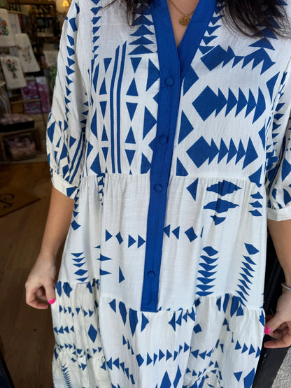 Women's V-neck button-down dress with geometric print