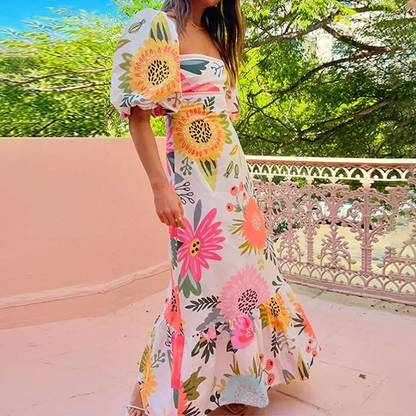 Looking for the Sunshine floral print square neck puff sleeve maxi dress