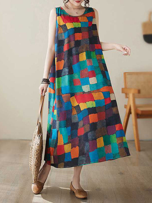 Robes midi à col rond, sans manches amples, à carreaux multicolores à contraste de couleurs
