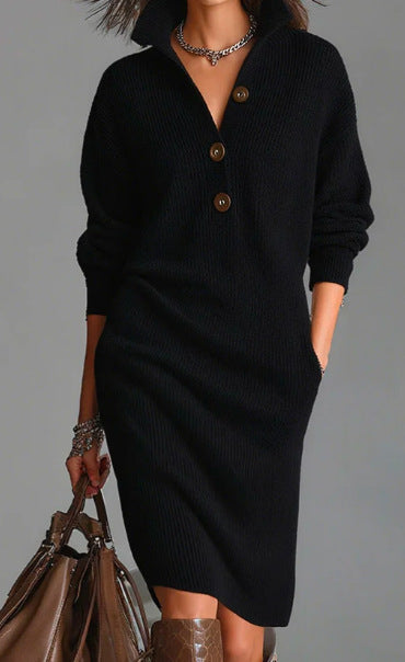 Robe pull mi-longue décontractée ample à revers et boutons pour femme, collection automne.