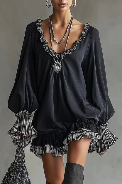 Mini-robe décontractée à manches longues, ample et tendance, avec volants et patchwork.
