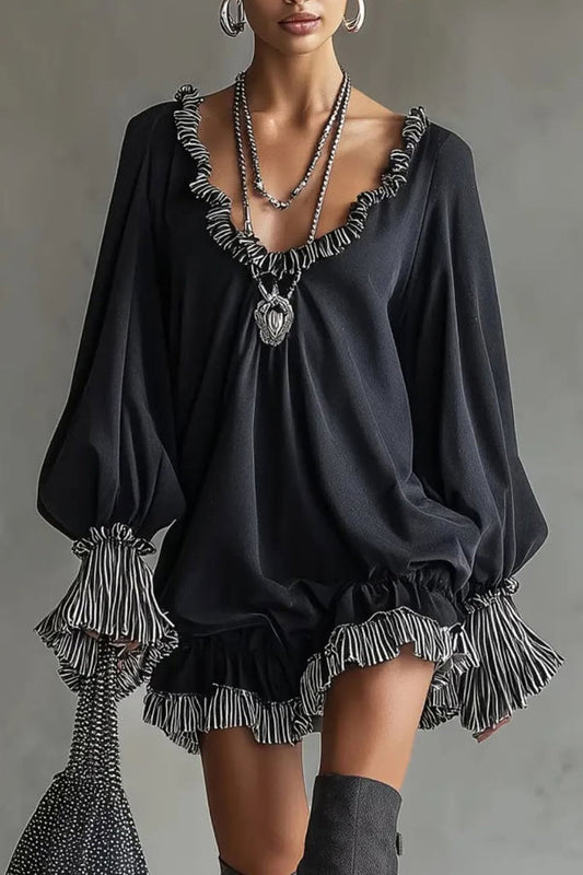 Mini-robe décontractée à manches longues, ample et tendance, avec volants et patchwork.