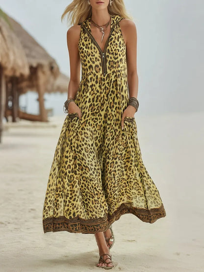 Robe mi-longue à capuche imprimé léopard vert style rétro décontracté pour femme