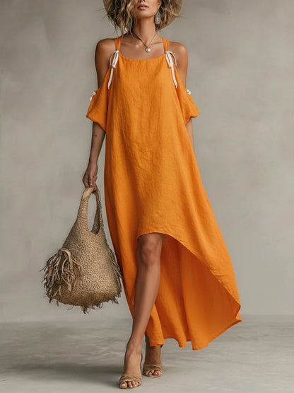Robe longue asymétrique épaules dénudées orange vif