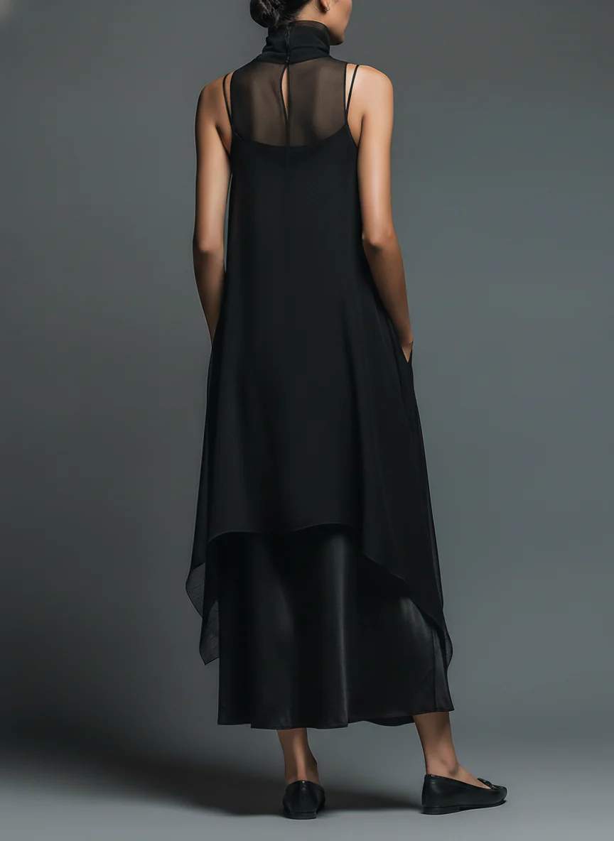Ensemble deux‑pièces : robe fourreau noire minimaliste en fibre d'acétate artificielle associée à une longue robe de couverture en mousseline de soie