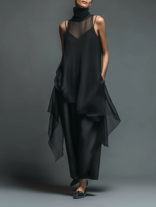 Two-piece set: minimalist black artificial acetate fiber sheath dress paired with a long chiffon cover-up dress