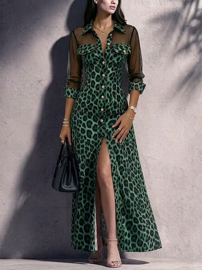 Robe longue chemise en maille imprimé léopard à manches