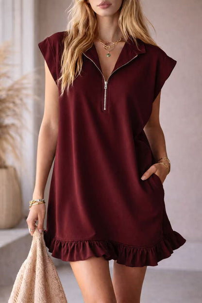 Mini-robe décontractée sans manches, coupe ample, à volants, unie, avec poches