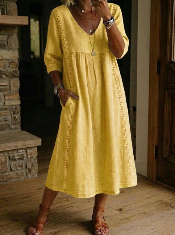 Elegant V-Neck Linen Blend Midi Dress with Lace Inserts and Pockets | Women's Casual Summer Dress