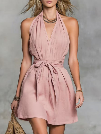 Robe décontractée pour femme avec col licou, col en V et taille nouée, idéale pour les vacances