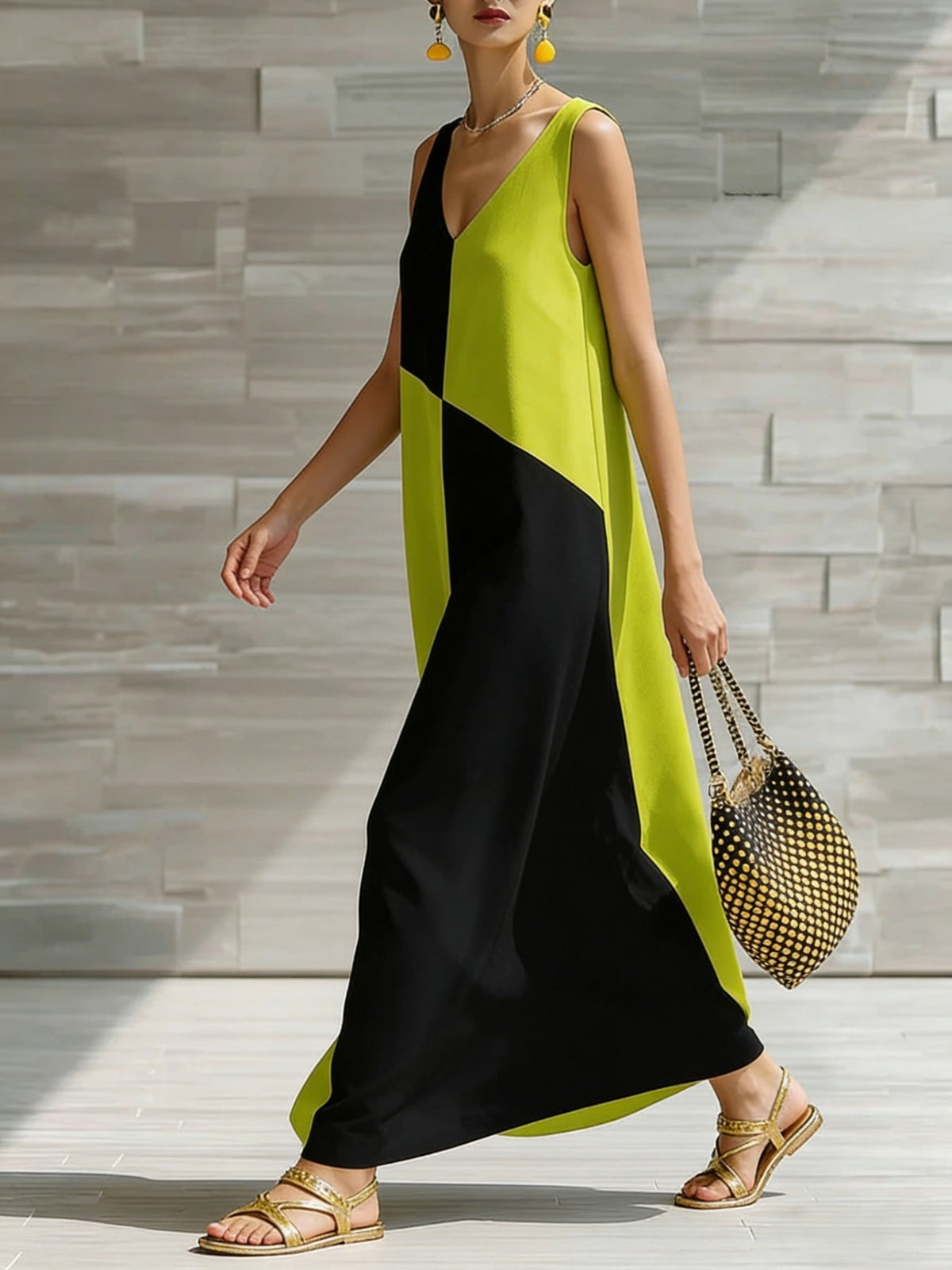 Robe longue sans manches color block