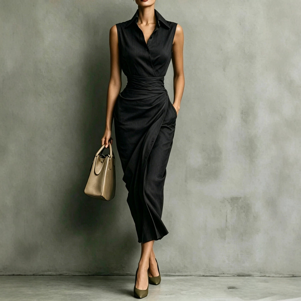 Robe cache-cœur mi-longue sans manches bordeaux pour femme - Élégance pour le bureau et les soirées