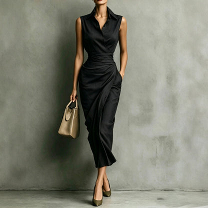 Robe cache-cœur mi-longue sans manches bordeaux pour femme - Élégance pour le bureau et les soirées