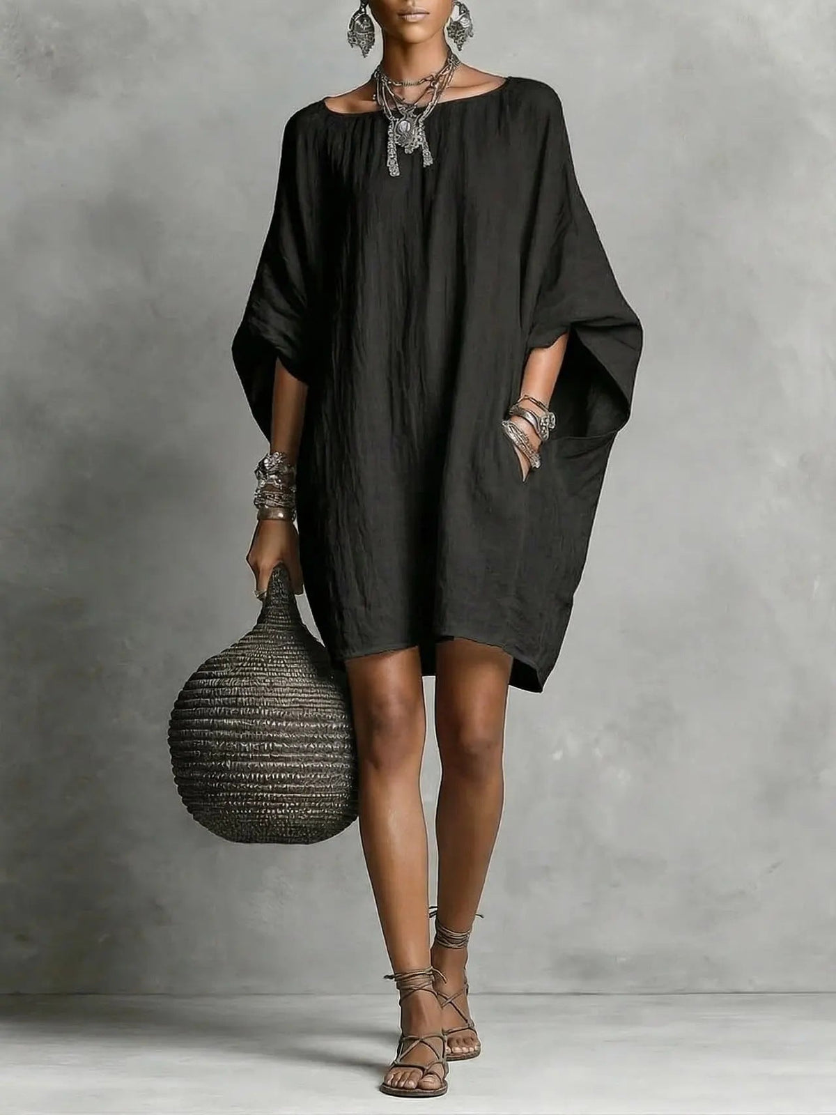Robe décontractée femme en coton-lin, couleur unie, col rond, manches 3/4, coupe ample