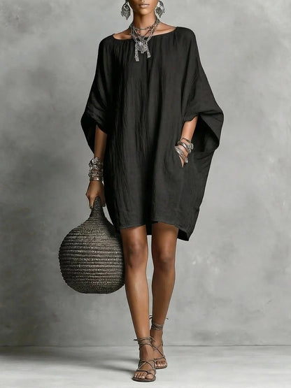 Robe décontractée femme en coton-lin, couleur unie, col rond, manches 3/4, coupe ample